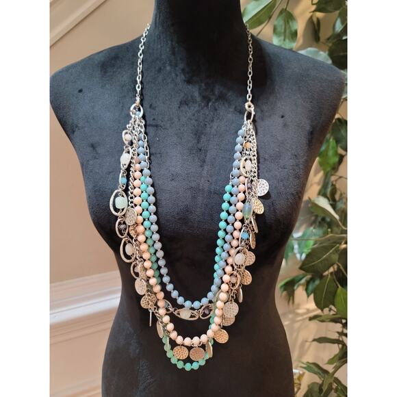 Womens Multi Layer Beaded Charm Necklace Toggle Lock Pastel Blue And Green Beads - Picture 1 of 6